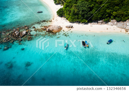 Aerial view of a tropical beach with white sand and coral reef on the island of Lang Tengah, Terengganu, Malaysia Aerial view of a tropical beach with white sand and coral reef on the island of Lang Tengah, Terengganu, Malaysia 132346656