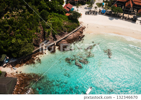 Top view of Long beach with clear turquoise waters and tourists on Redang Island. Malaysia Top view of Long beach with clear turquoise waters and tourists on Redang Island. Malaysia 132346670