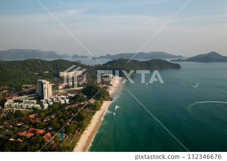 Aerial view of Pantai Tengah evening beach on Langkawi Island. Malaysia Aerial view of Pantai Tengah evening beach on Langkawi Island. Malaysia 132346676