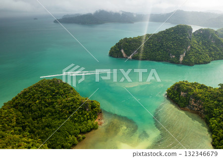 Aerial view of Kilim Park on Langkawi Island. Beautiful views of the islands with mountains and the sea. Malaysia Aerial view of Kilim Park on Langkawi Island. Beautiful views of the islands with mountains and the sea. Malaysia 132346679