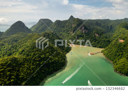 Top view of the pier at the Dayang Bunting Marble Geoforest Geopark. Kilim Geopark on Langkawi Island. Malaysia 132346682