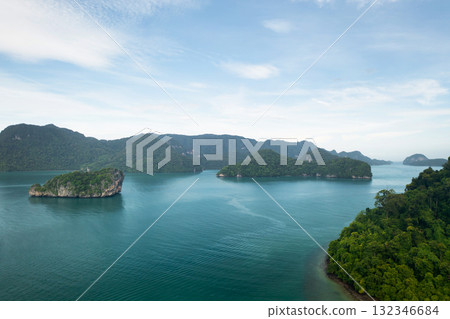 Stunning views of the lush islands and calm waters of Langkawi Island. Malaysia Stunning views of the lush islands and calm waters of Langkawi Island. Malaysia 132346684