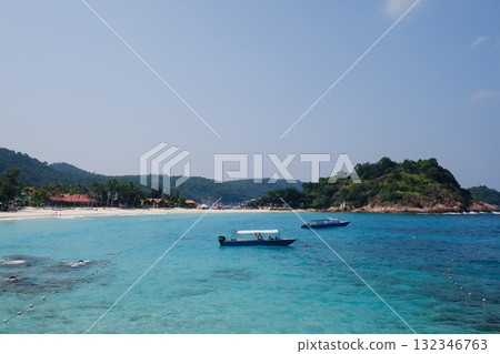 Spectacular scenic view of Long Beach and boats at sea on Redang Island, Malaysia 132346763
