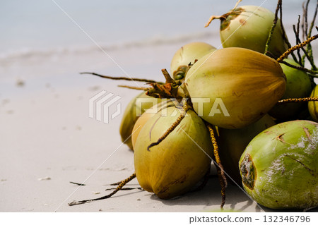 Fresh coconuts collected on the beach during a sunny day, showcasing their vibrant colors and natural textures against the sandy shore Fresh coconuts collected on the beach during a sunny day, showcasing their vibrant colors and natural textures against the sandy shore 132346796