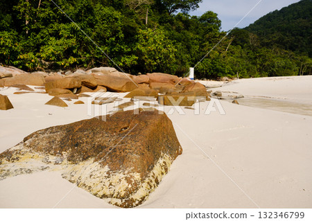 Scenic view of smooth sandy beach with large rocks and lush greenery under bright sky near a forested coastline Scenic view of smooth sandy beach with large rocks and lush greenery under bright sky near a forested coastline 132346799