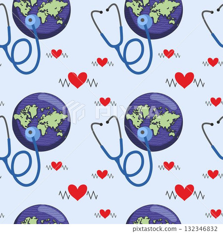 Vector seamless pattern with stethoscope, world and hearts. 132346832