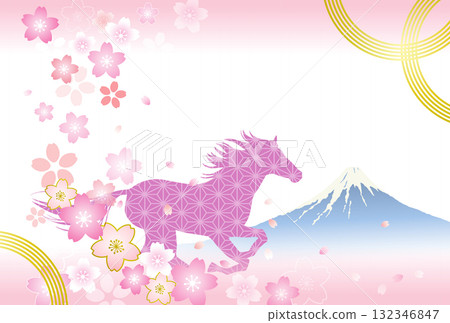 Year of the Horse New Year's card template: A galloping horse with Mount Fuji and cherry blossoms in the background. Copy space. 132346847