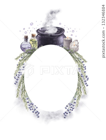 Template with smoking cauldron, potions, candles and herbs. Hand drawn watercolor illustration isolated on white background for print and design Template with smoking cauldron, potions, candles and herbs. Hand drawn watercolor illustration isolated on white background for print and design 132346884