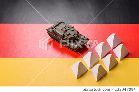 Anti-tank barrier or dragon's teeth made of concrete and iron as a fortification. Dragon's teeth 132347094