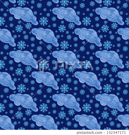 Seamless winter pattern with hand-drawn clouds and snowflakes on a blue background. Drawing with colored pencils. Seamless template in the form of a child's drawing for wallpaper or packaging Seamless winter pattern with hand-drawn clouds and snowflakes on a blue background. Drawing with colored pencils. Seamless template in the form of a child's drawing for wallpaper or packaging 132347171