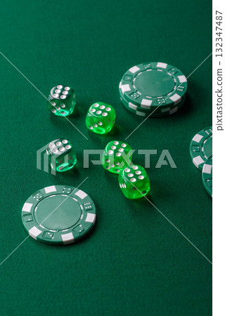 Dice poker game with chips, bets and risk in casino. Dice poker Dice poker game with chips, bets and risk in casino. Dice poker 132347487