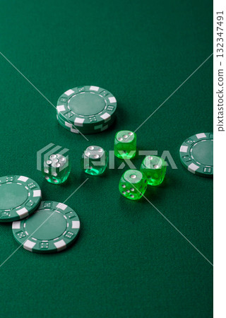 Dice poker game with chips, bets and risk in casino. Dice poker Dice poker game with chips, bets and risk in casino. Dice poker 132347491