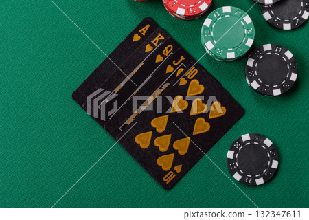 Playing card game poker in casino with chips, bets and risk. Cards and chips 132347611
