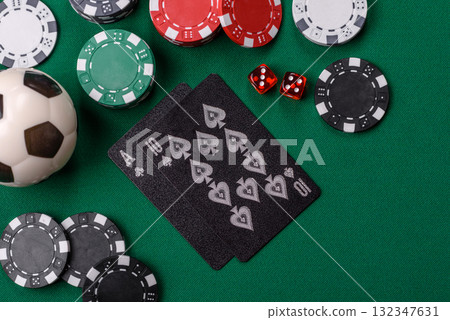 Playing blackjack or baccarat card game in casino with chips, bets and risk. Cards and chips 132347631