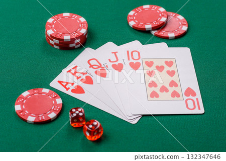 Playing card game poker in casino with chips, bets and risk. Cards and chips 132347646