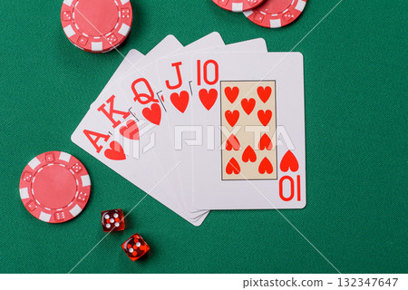 Playing card game poker in casino with chips, bets and risk. Cards and chips 132347647