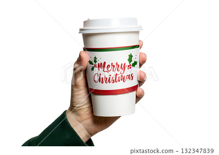 Hand holding festive merry christmas coffee cup, holiday drink isolated on transparent background 132347839