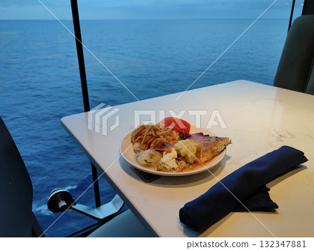 Dining Room Buffet aboard the abstract luxury cruise ship. Healthy breakfast at modern liner concept 132347881