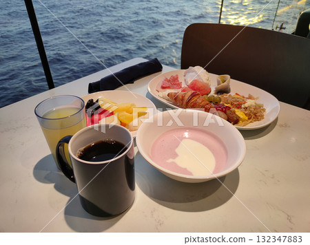 Dining Room Buffet aboard the abstract luxury cruise ship. Healthy breakfast at modern liner concept 132347883