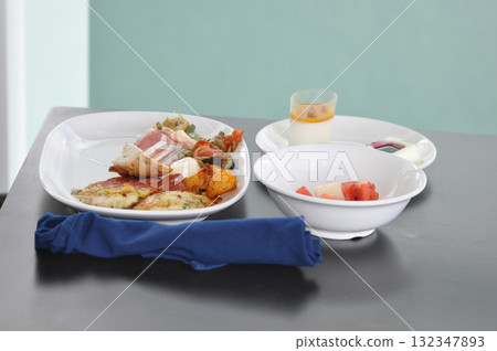 Dining Room Buffet aboard the abstract luxury cruise ship. Healthy breakfast at modern liner concept 132347893