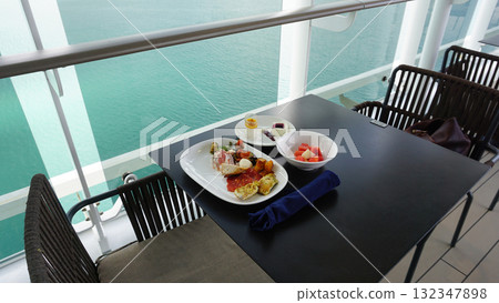 Dining Room Buffet aboard the abstract luxury cruise ship. Healthy breakfast at modern liner concept Dining Room Buffet aboard the abstract luxury cruise ship. Healthy breakfast at modern liner concept 132347898