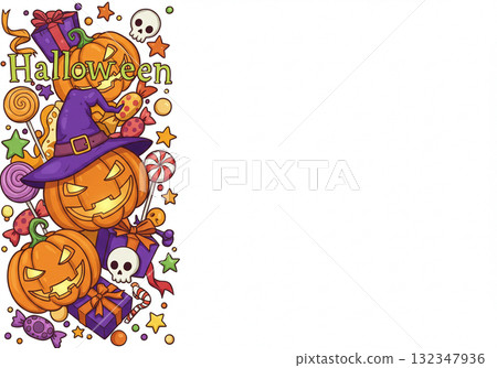 有趣的萬聖節圖像，有糖果和鬧鬼的南瓜 132347936