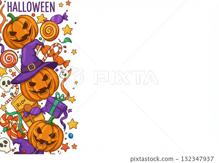 Fun Halloween image with candy and haunted pumpkin 132347937
