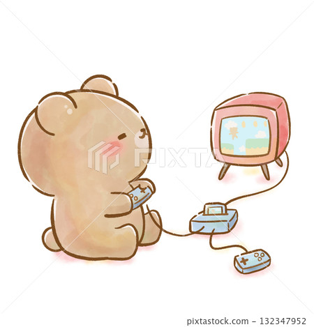一隻熊玩電子遊戲的水彩插圖/適合在家的孩子 132347952