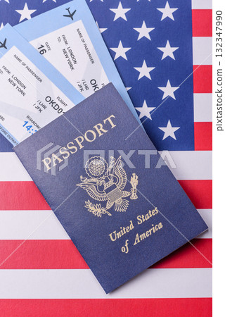 US passport or id document with tickets for flight, travel, border crossing. US passport and tickets 132347990