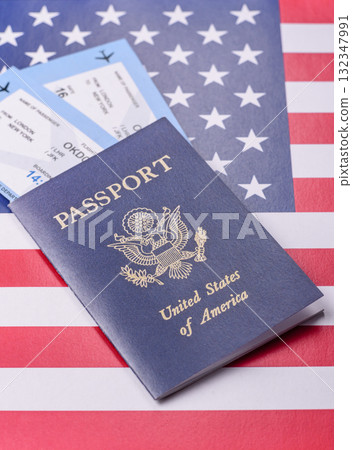 US passport or id document with tickets for flight, travel, border crossing. US passport and tickets US passport or id document with tickets for flight, travel, border crossing. US passport and tickets 132347991