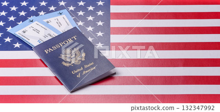 US passport or id document with tickets for flight, travel, border crossing. US passport and tickets 132347992
