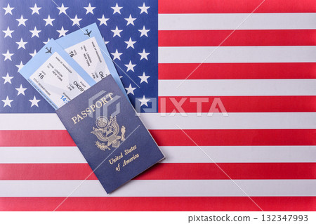 US passport or id document with tickets for flight, travel, border crossing. US passport and tickets 132347993