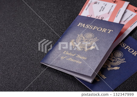 US passport or id document with tickets for flight, travel, border crossing. US passport and tickets 132347999