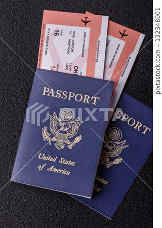 US passport or id document with tickets for flight, travel, border crossing. US passport and tickets 132348001