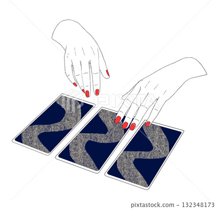 Illustration of a fortune teller's hands doing oracle card reading or tarot reading Illustration of a fortune teller's hands doing oracle card reading or tarot reading 132348173