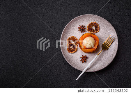 Pie, sweet round tart with apricot pieces, cream and nuts. Sweet tart with peach 132348202