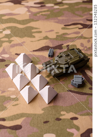 Anti-tank barrier or dragon's teeth made of concrete and iron as a fortification. Dragon's teeth 132348285