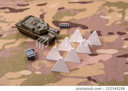 Anti-tank barrier or dragon's teeth made of concrete and iron as a fortification. Dragon's teeth 132348286