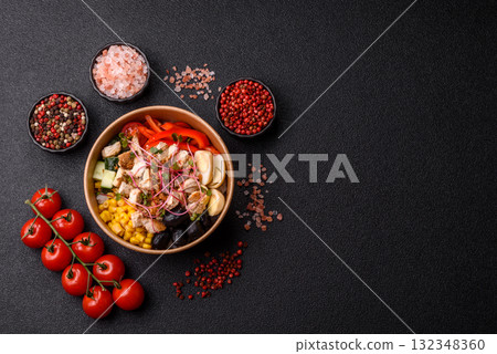 Bowl with chicken pieces, rice, tomatoes, peppers and microgreens. Bowl with chicken 132348360