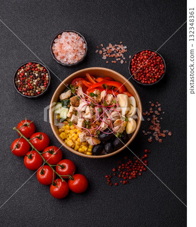 Bowl with chicken pieces, rice, tomatoes, peppers and microgreens. Bowl with chicken Bowl with chicken pieces, rice, tomatoes, peppers and microgreens. Bowl with chicken 132348361