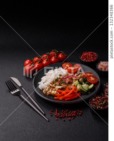 Bowl with chicken pieces, rice, tomatoes, peppers and microgreens. Bowl with chicken Bowl with chicken pieces, rice, tomatoes, peppers and microgreens. Bowl with chicken 132348366