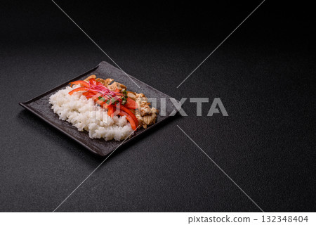 Bowl with chicken pieces, rice, tomatoes, peppers and microgreens. Bowl with chicken Bowl with chicken pieces, rice, tomatoes, peppers and microgreens. Bowl with chicken 132348404