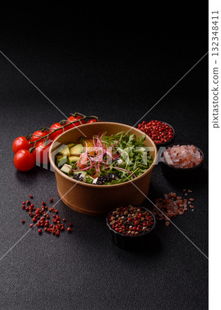 Bowl with salmon pieces, cheese, tomatoes, peppers and avocado. Salmon bowl Bowl with salmon pieces, cheese, tomatoes, peppers and avocado. Salmon bowl 132348411