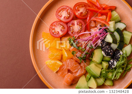 Bowl with salmon pieces, cheese, tomatoes, peppers and avocado. Salmon bowl Bowl with salmon pieces, cheese, tomatoes, peppers and avocado. Salmon bowl 132348428