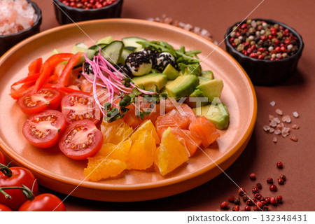 Bowl with salmon pieces, cheese, tomatoes, peppers and avocado. Salmon bowl 132348431
