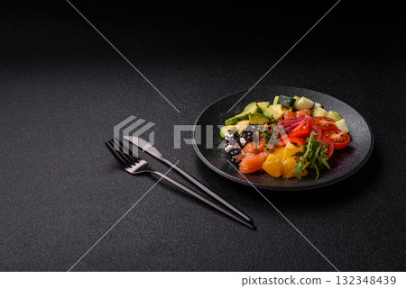 Bowl with salmon pieces, cheese, tomatoes, peppers and avocado. Salmon bowl Bowl with salmon pieces, cheese, tomatoes, peppers and avocado. Salmon bowl 132348439