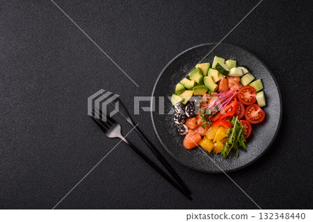 Bowl with salmon pieces, cheese, tomatoes, peppers and avocado. Salmon bowl Bowl with salmon pieces, cheese, tomatoes, peppers and avocado. Salmon bowl 132348440