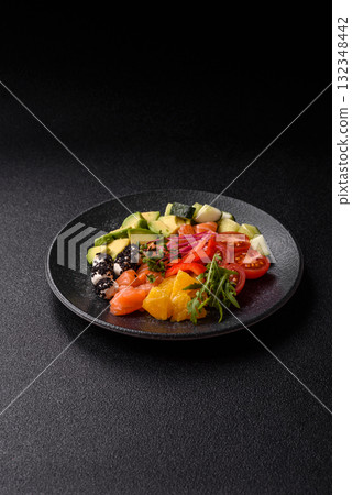 Bowl with salmon pieces, cheese, tomatoes, peppers and avocado. Salmon bowl Bowl with salmon pieces, cheese, tomatoes, peppers and avocado. Salmon bowl 132348442