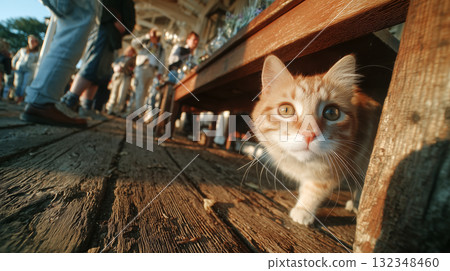 Illuminated by the soft evening light, a cat peeks out from under the wooden deck and looks at me. Its golden eyes and fur are Illuminated by the soft evening light, a cat peeks out from under the wooden deck and looks at me. Its golden eyes and fur are 132348460