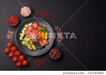 Bowl with salmon pieces, cheese, tomatoes, peppers and avocado. Salmon bowl Bowl with salmon pieces, cheese, tomatoes, peppers and avocado. Salmon bowl 132348866